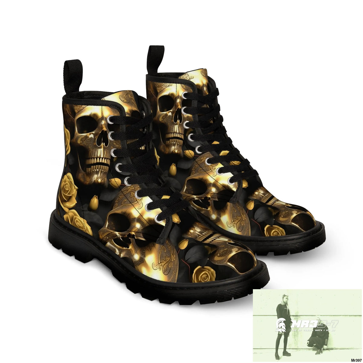 Gothic Skull and White Roses Canvas Boots AOP Shoes