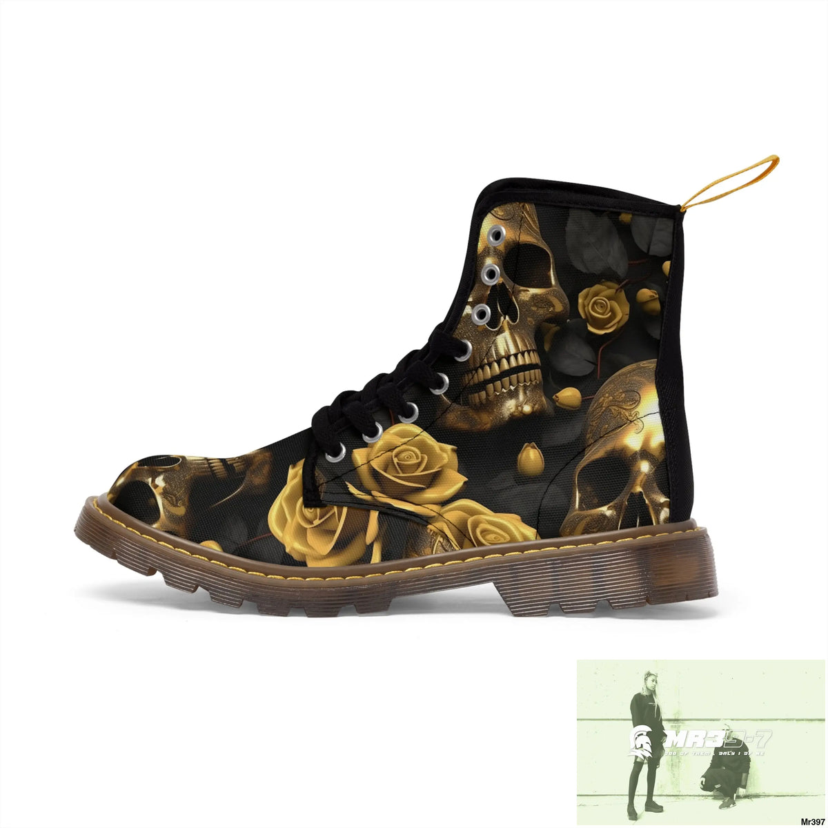 Gothic Skull and White Roses Canvas Boots AOP Shoes