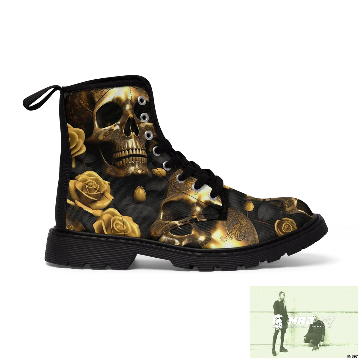 Gothic Skull and White Roses Canvas Boots AOP Shoes