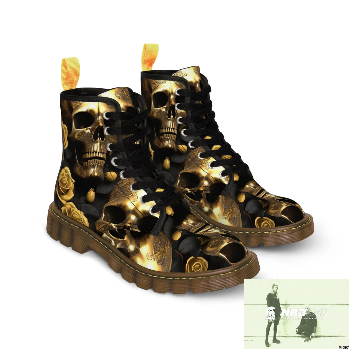 Gothic Skull and White Roses Canvas Boots AOP Shoes