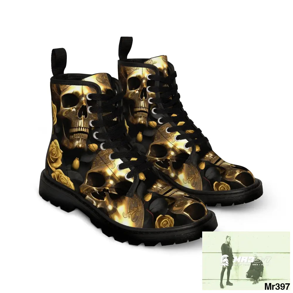 Gothic Skull and White Roses Canvas Boots AOP Shoes