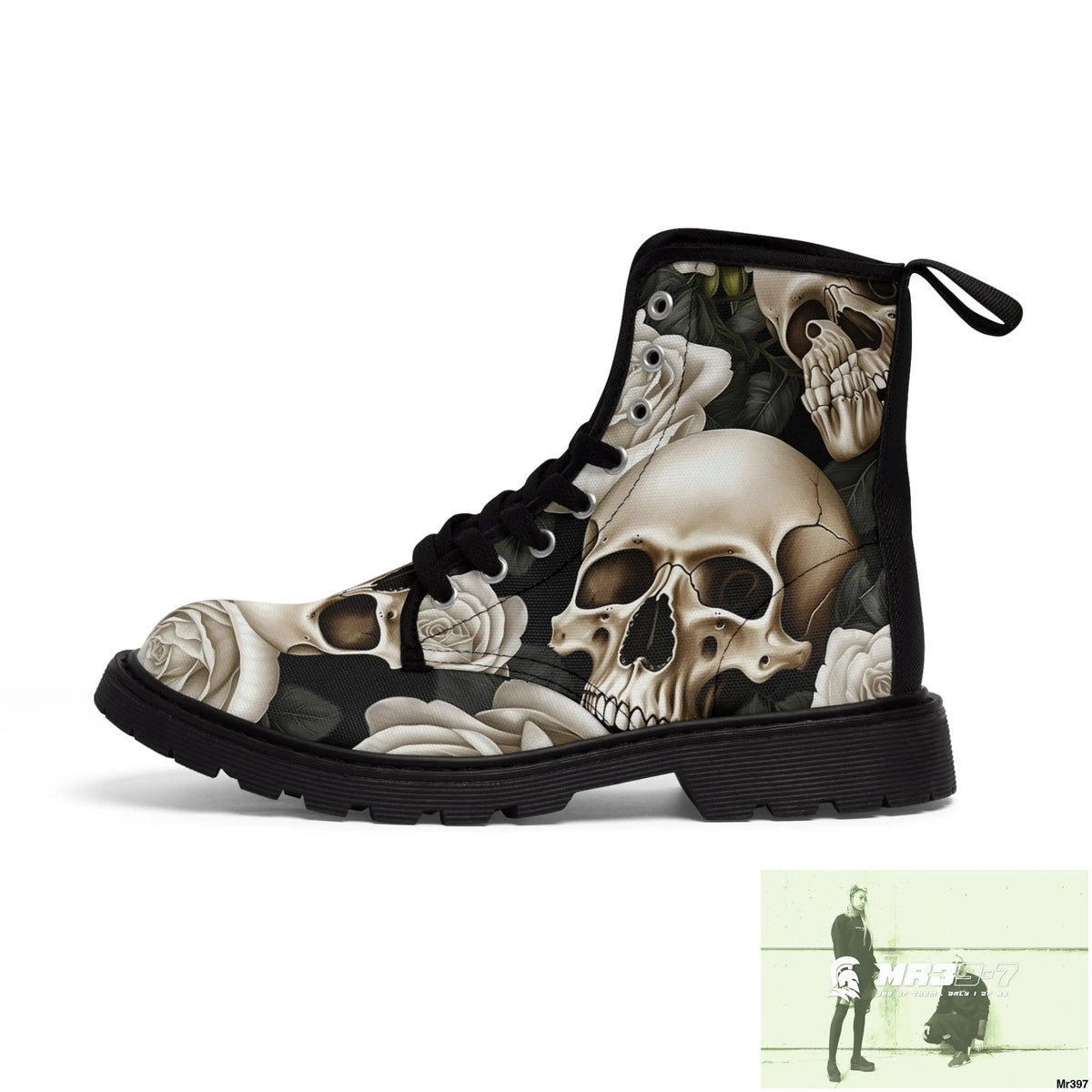 Gothic Skull and White Roses Canvas Boots AOP Shoes