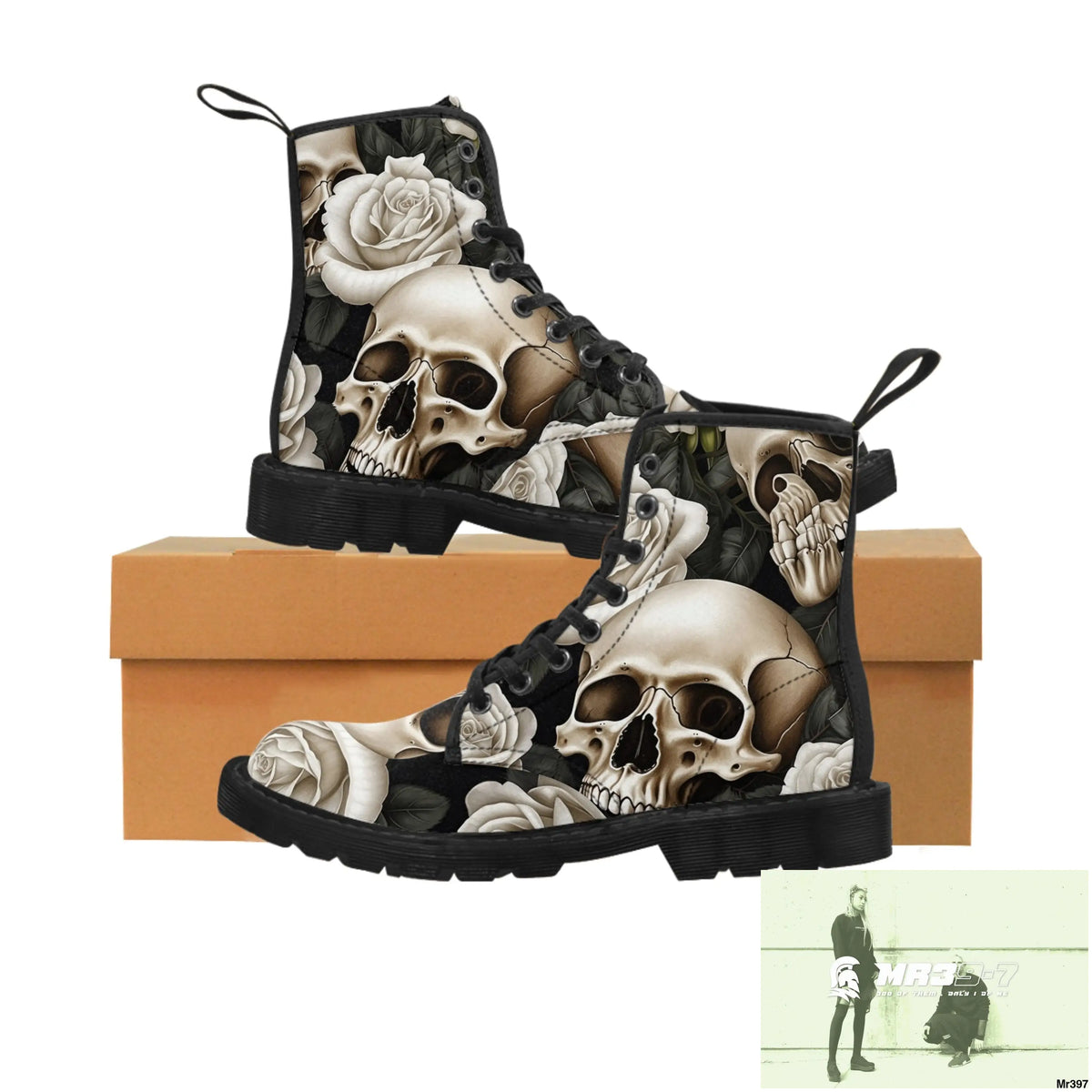 Gothic Skull and White Roses Canvas Boots AOP Shoes