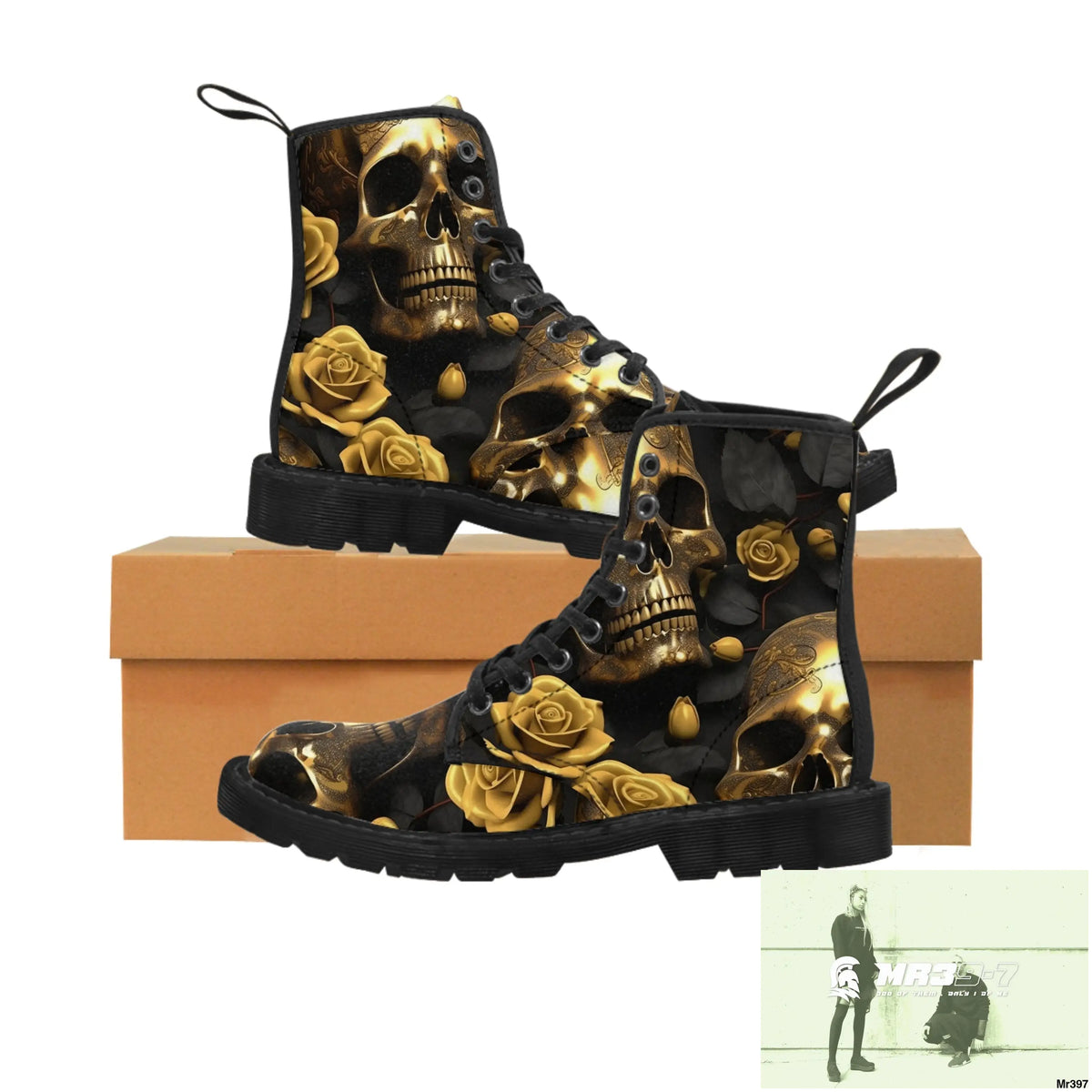 Gothic Skull and White Roses Canvas Boots AOP Shoes