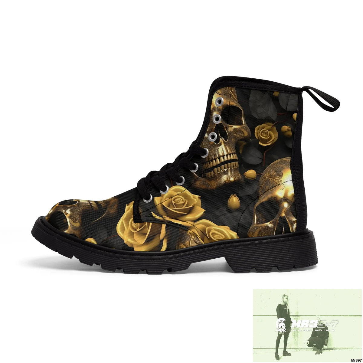 Gothic Skull and White Roses Canvas Boots AOP Shoes
