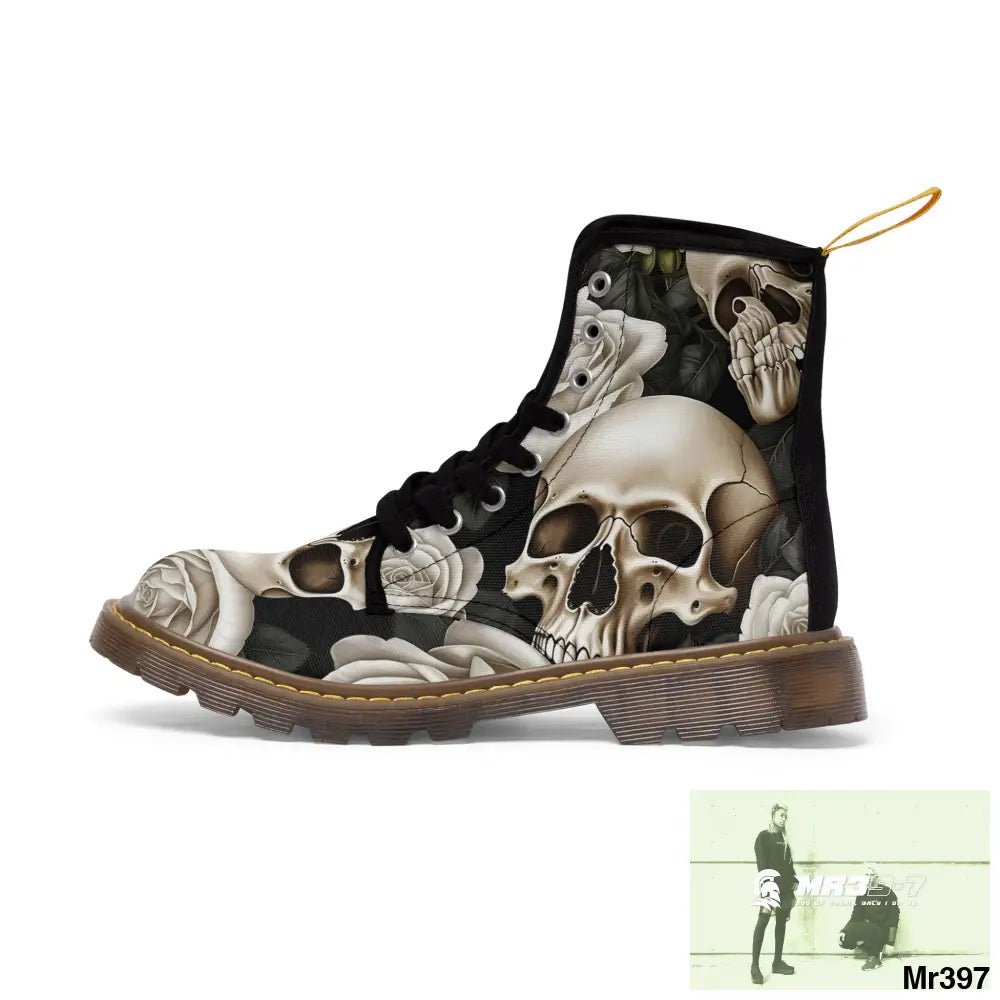Gothic Skull and White Roses Canvas Boots AOP Shoes
