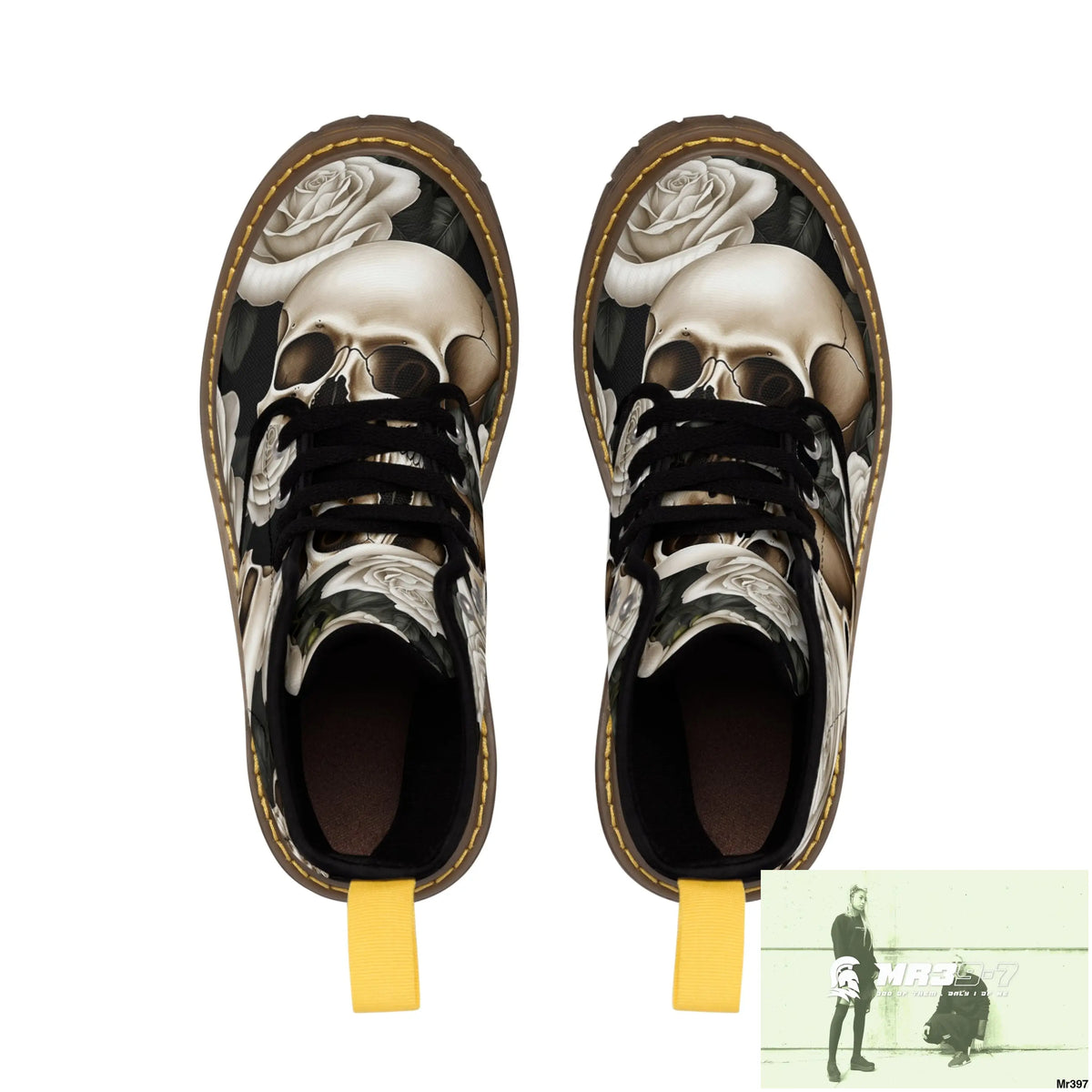 Gothic Skull and White Roses Canvas Boots AOP Shoes
