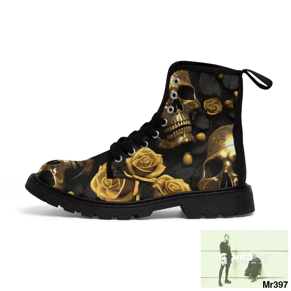 Gothic Skull and White Roses Canvas Boots AOP Shoes