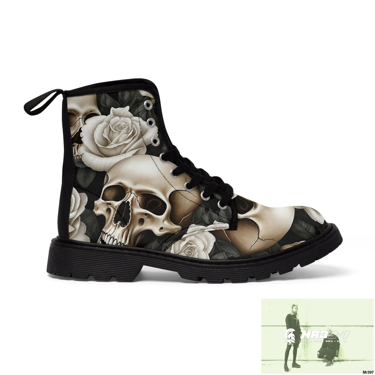 Gothic Skull and White Roses Canvas Boots AOP Shoes
