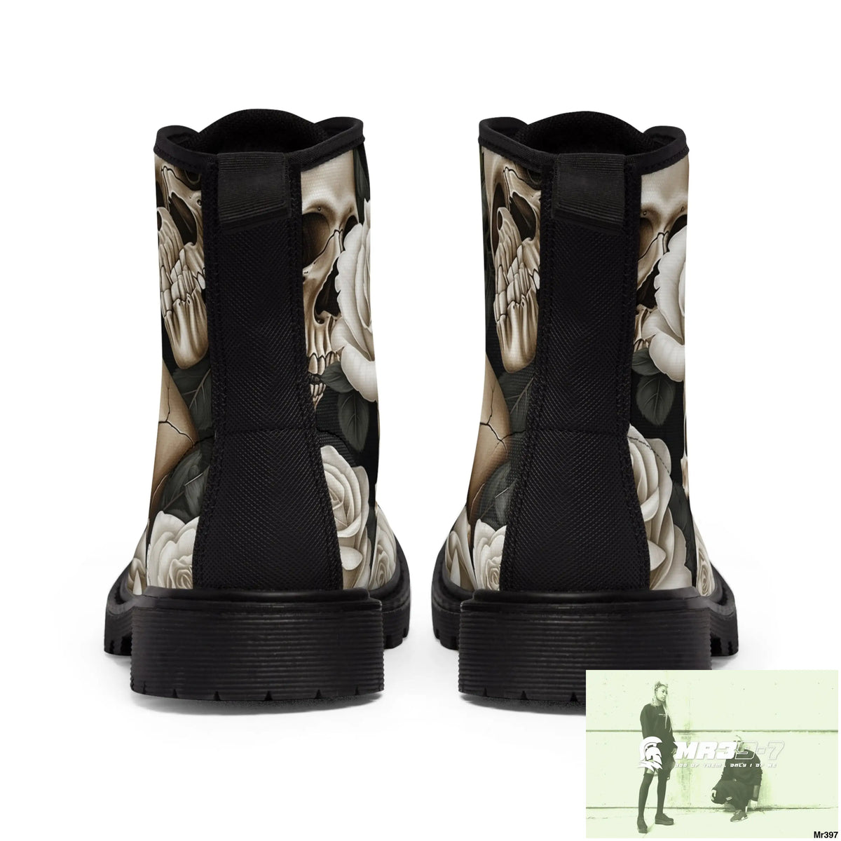 Gothic Skull and White Roses Canvas Boots AOP Shoes
