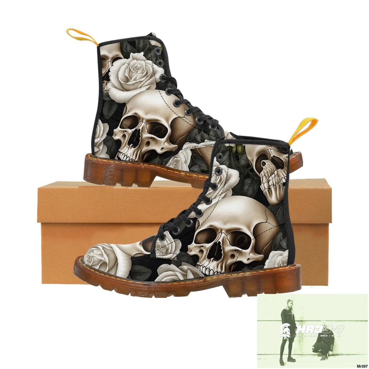Gothic Skull and White Roses Canvas Boots AOP Shoes