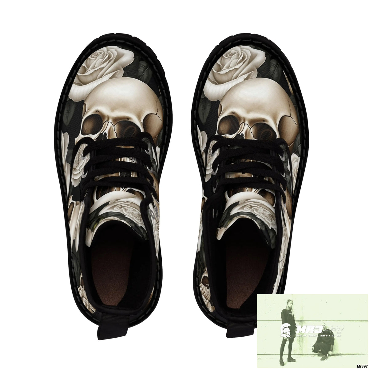 Gothic Skull and White Roses Canvas Boots AOP Shoes