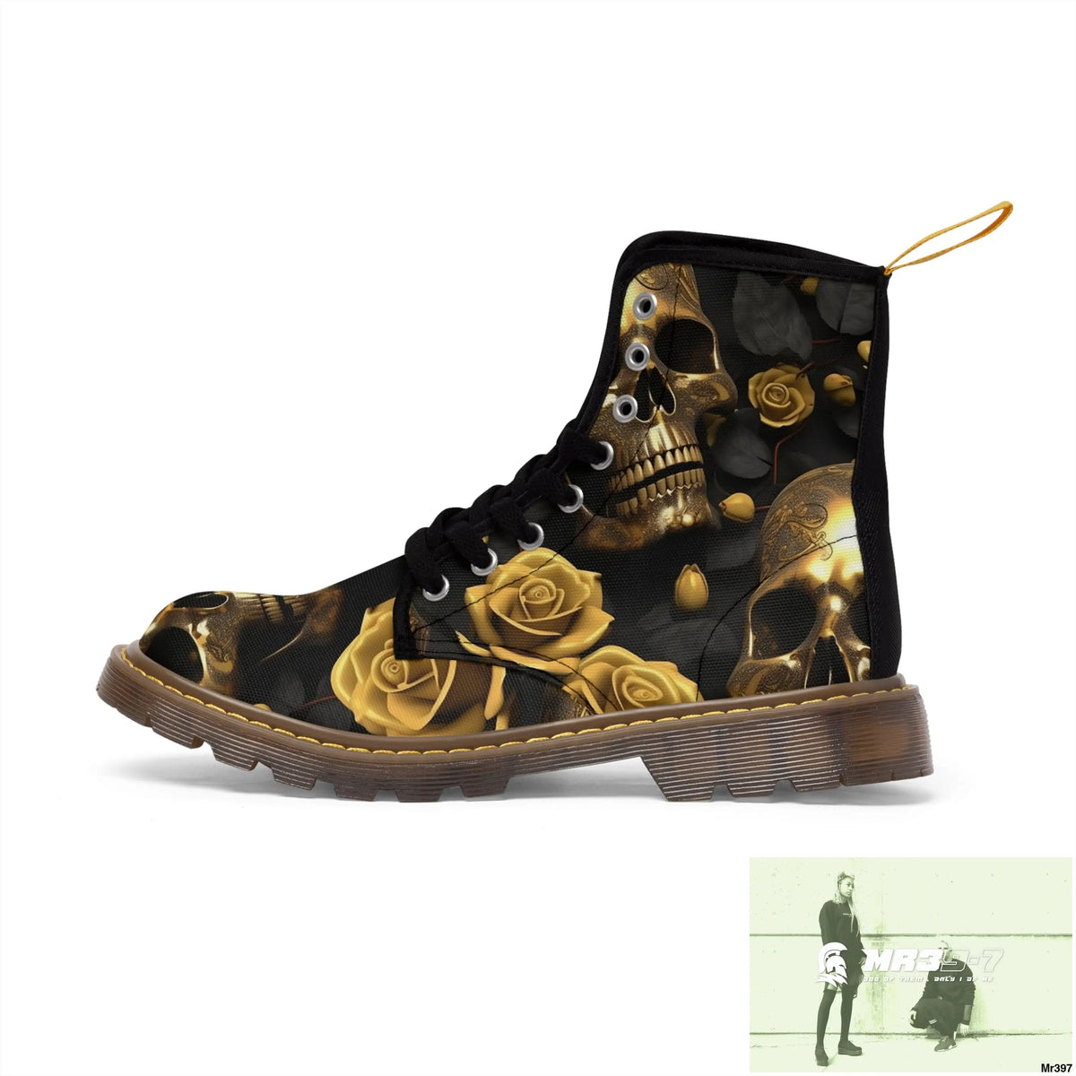 Gothic Skull and White Roses Canvas Boots AOP Shoes
