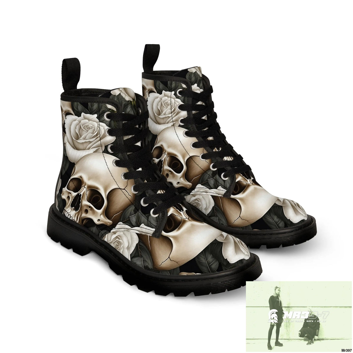Gothic Skull and White Roses Canvas Boots AOP Shoes