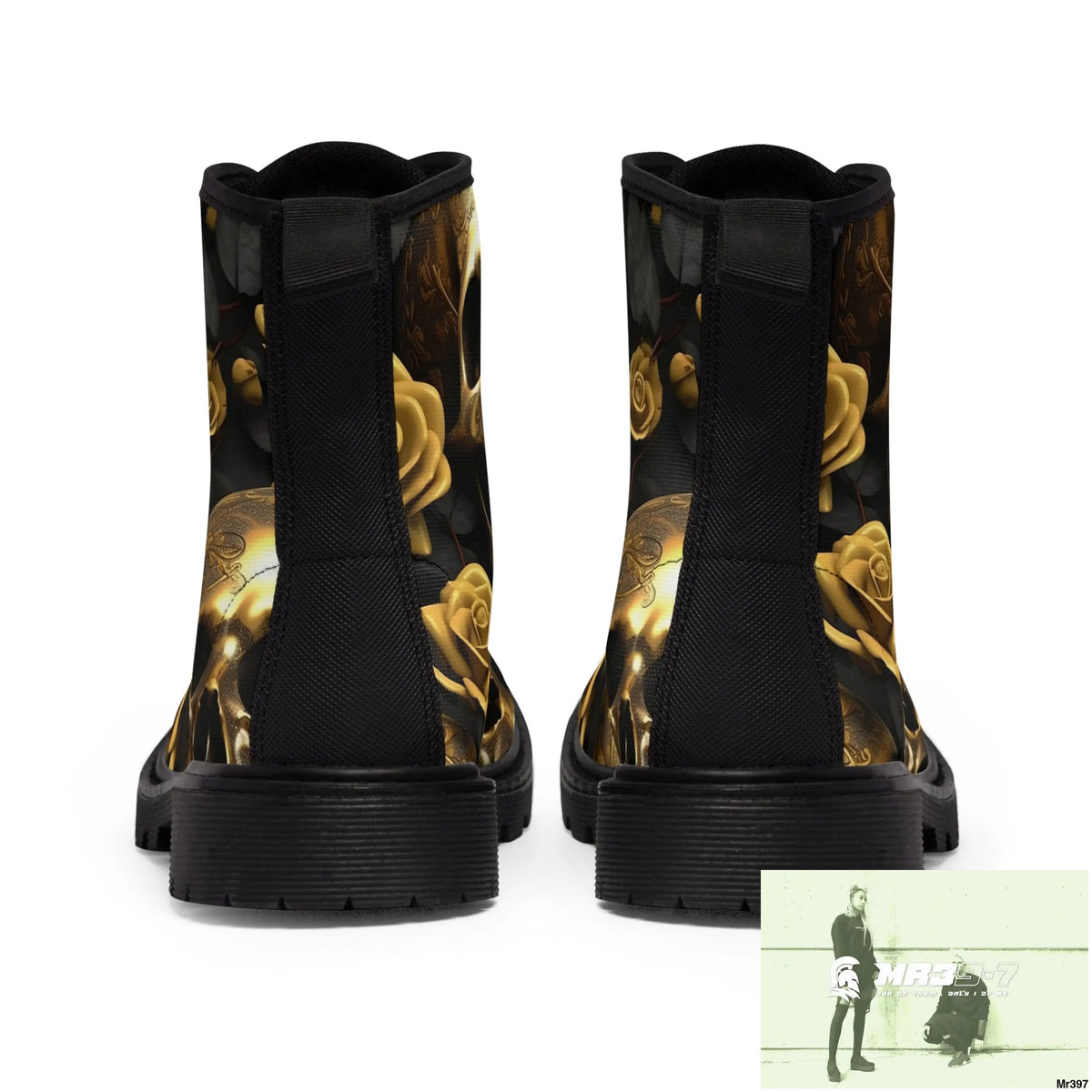 Gothic Skull and White Roses Canvas Boots AOP Shoes