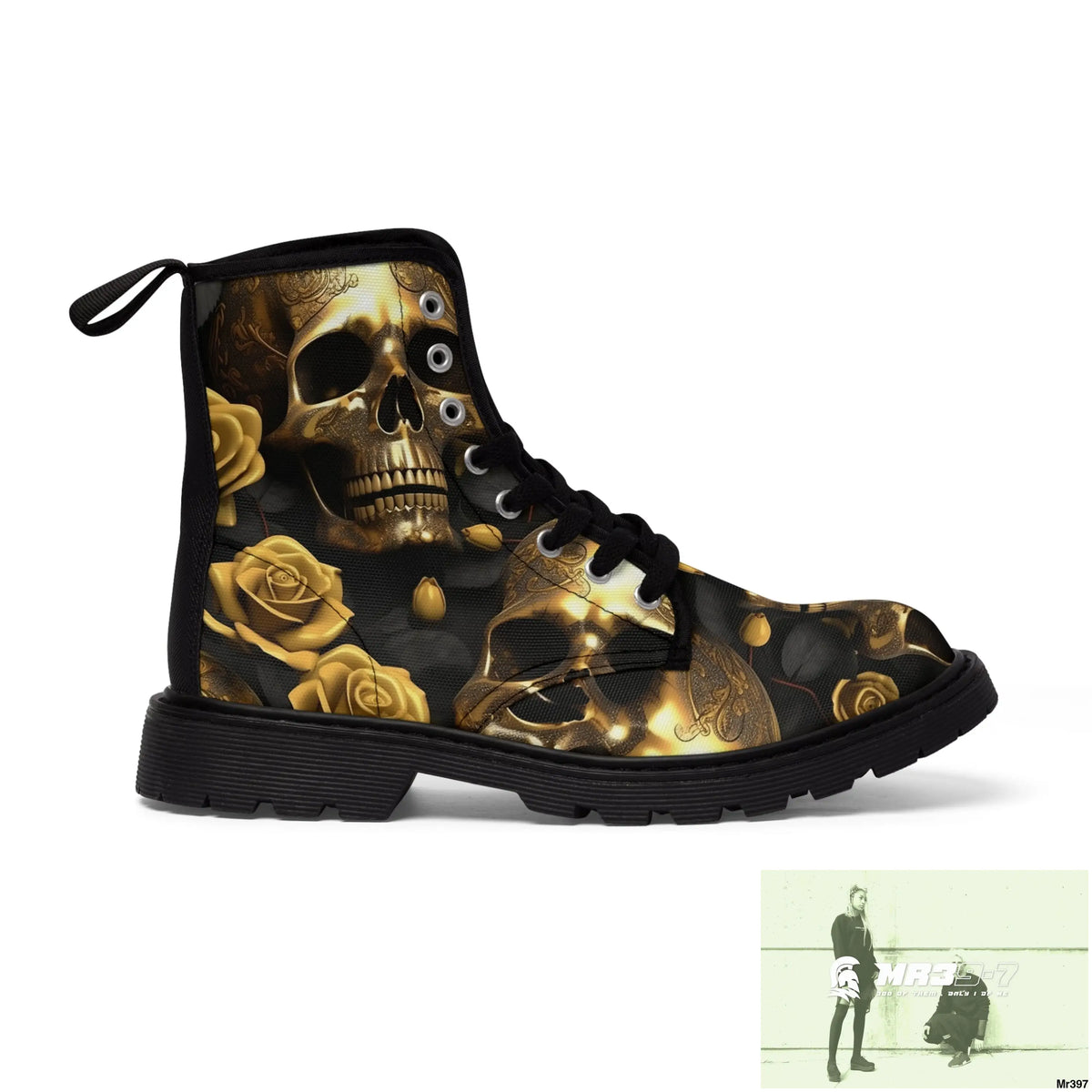 Gothic Skull and White Roses Canvas Boots AOP US 7 / Black sole Shoes