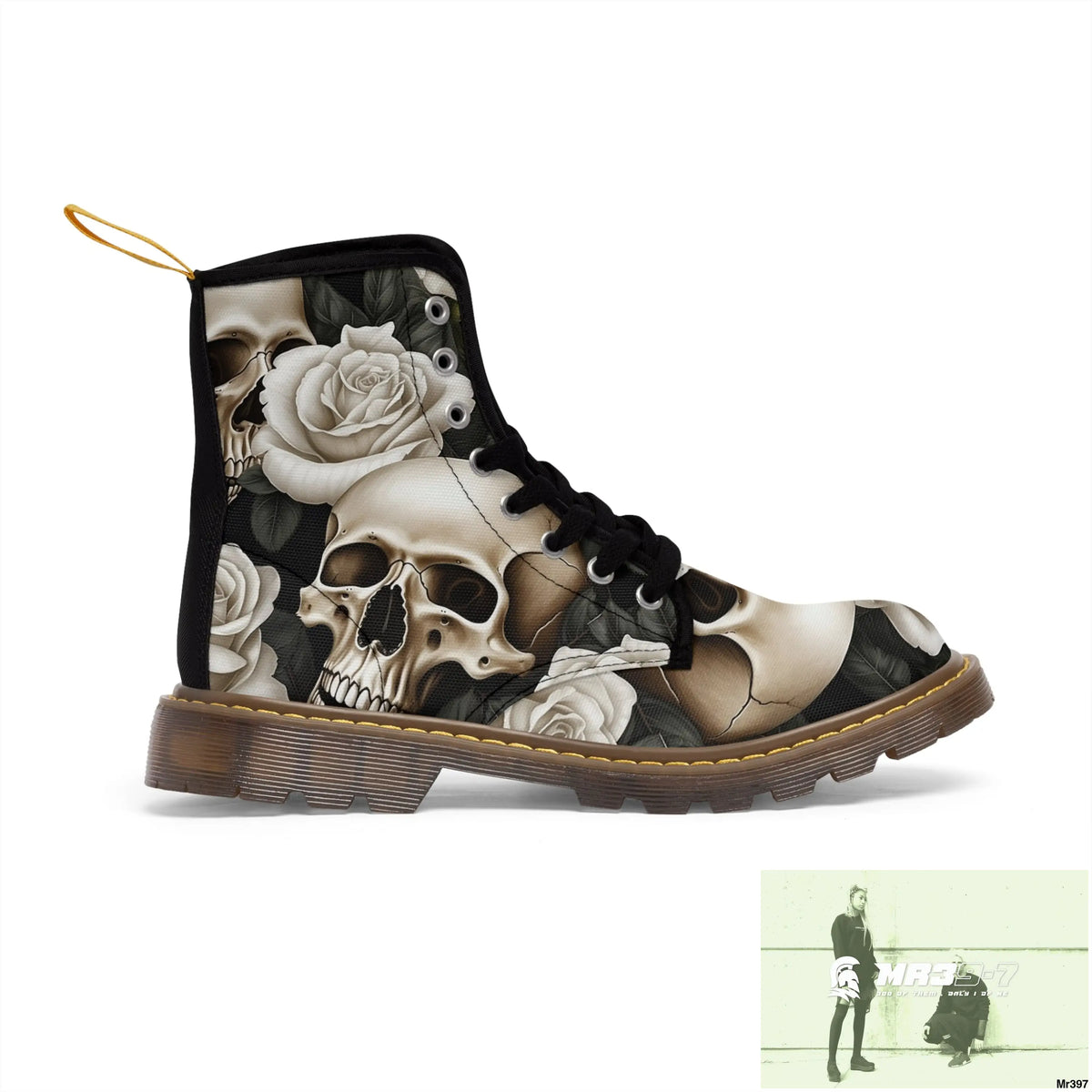Gothic Skull and White Roses Canvas Boots AOP US 7 / Brown sole Shoes