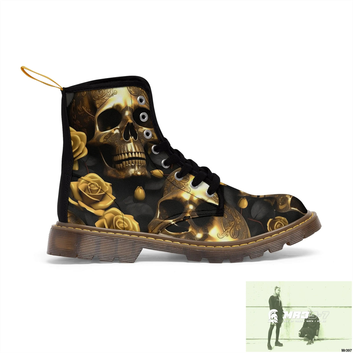 Gothic Skull and White Roses Canvas Boots AOP US 7 / Brown sole Shoes