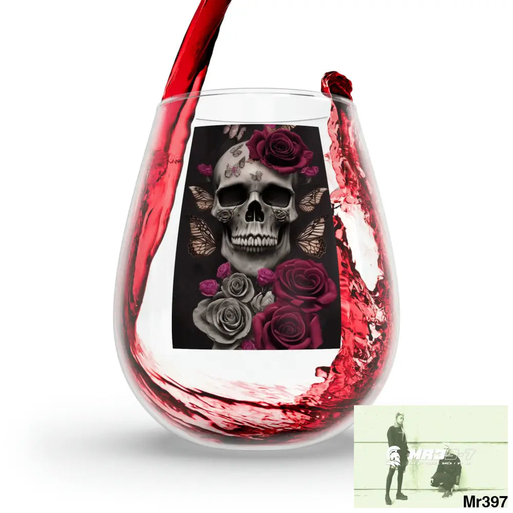 Gothic Skull Red Roses butterflies Stemless Wine Glass 11.75oz 11.75oz Mug