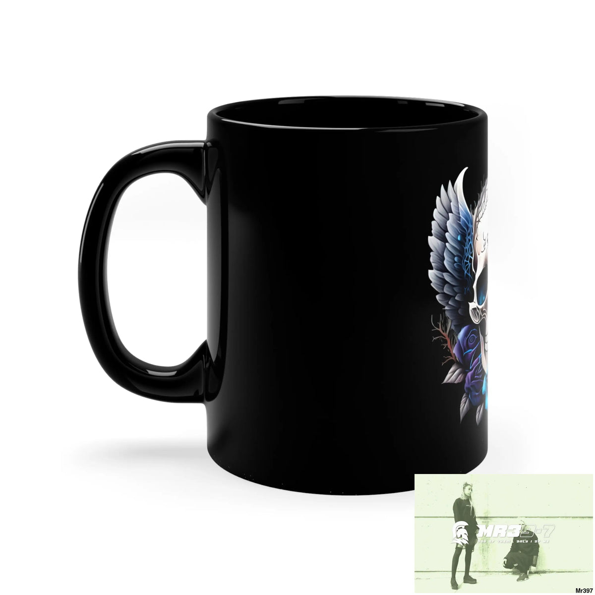 Gothic Skull with Black Wings and Blue Roses 11oz Black Mug 11oz Mug