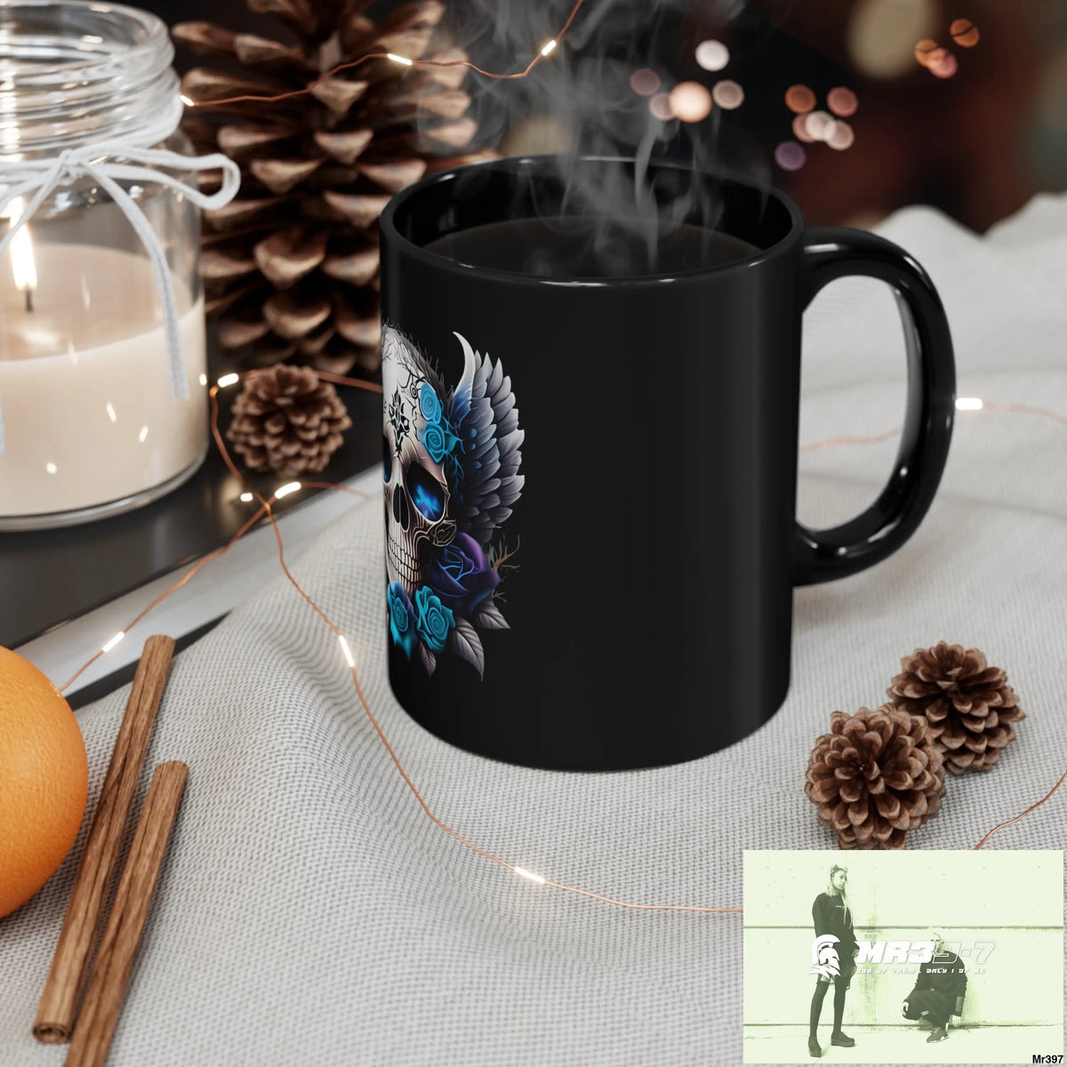 Gothic Skull with Black Wings and Blue Roses 11oz Black Mug 11oz Mug