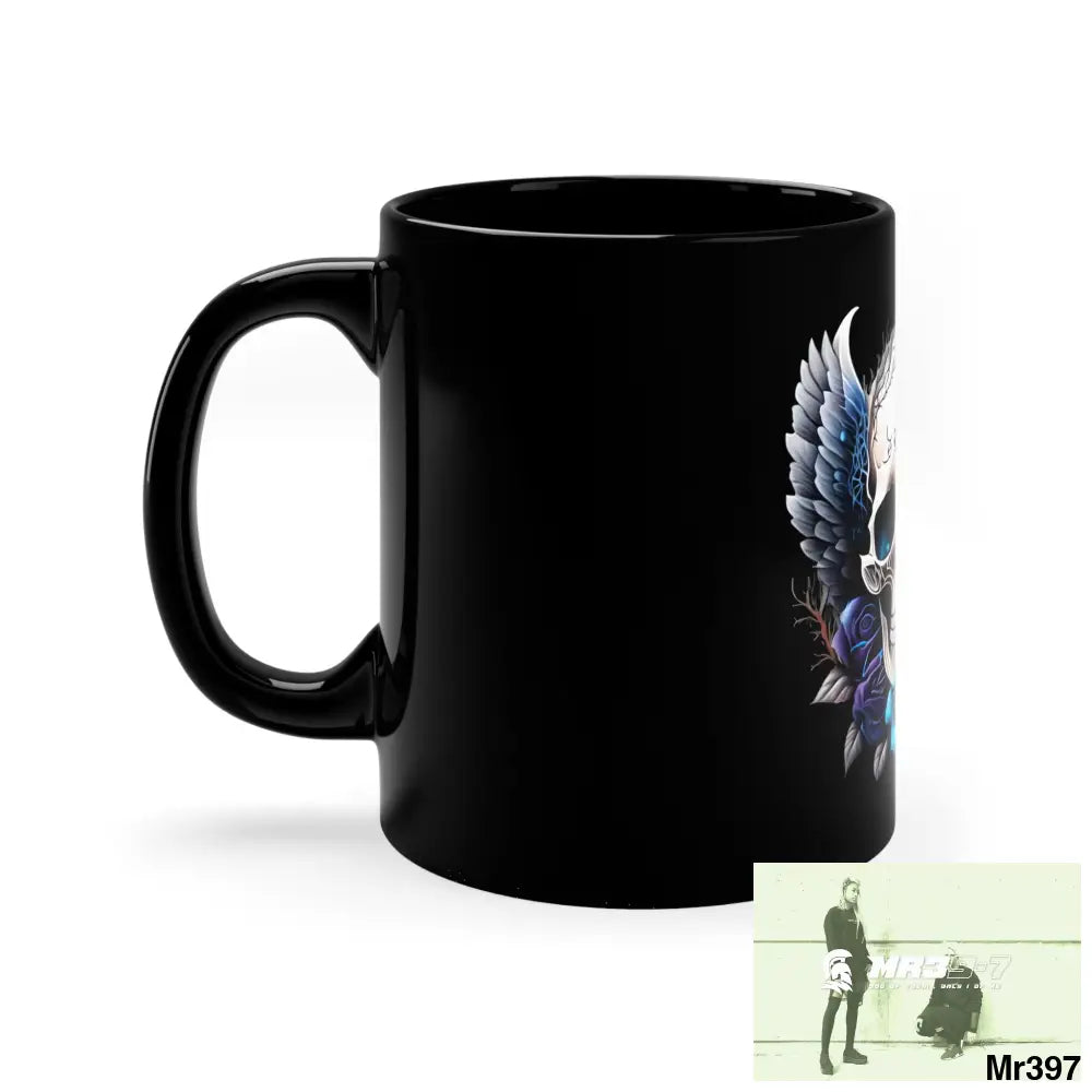 Gothic Skull with Black Wings and Blue Roses 11oz Black Mug 11oz Mug