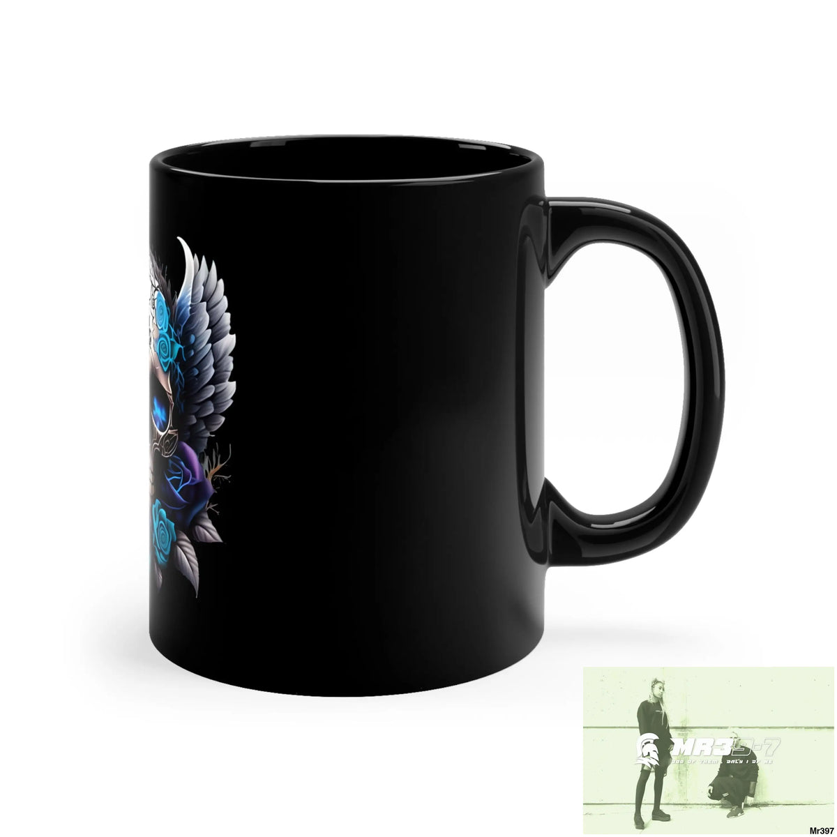 Gothic Skull with Black Wings and Blue Roses 11oz Black Mug 11oz Mug