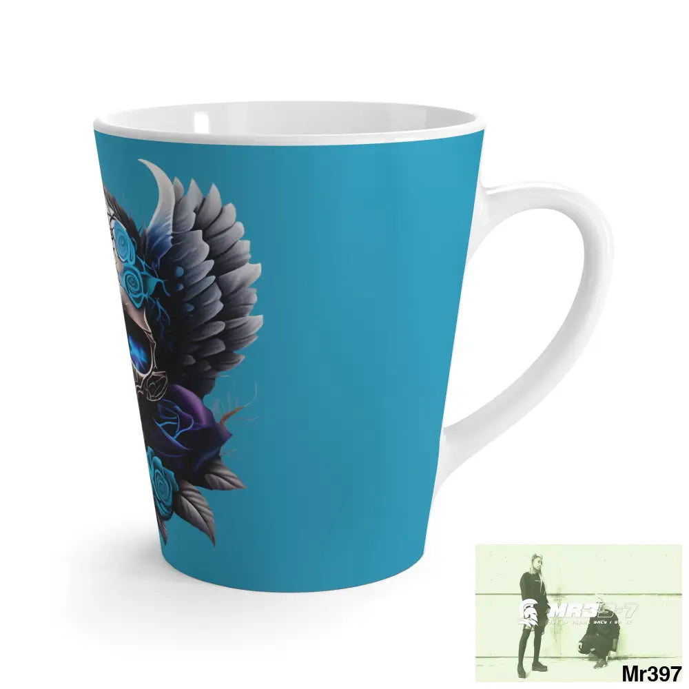 Gothic Skull with Black wings and Blue Roses Latte Mug 12oz Mug