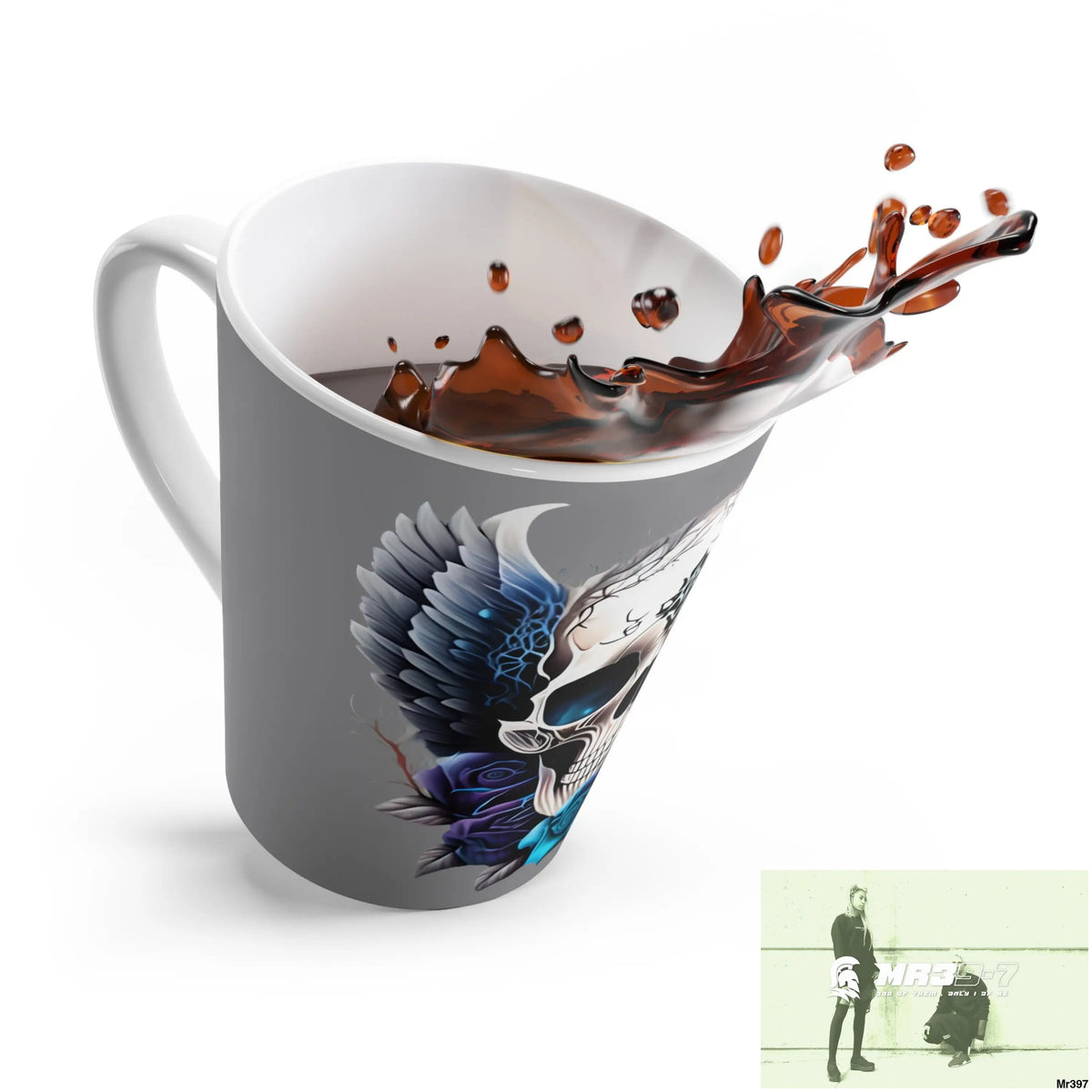 Gothic Skull with Black wings and Blue Roses Latte Mug 12oz Mug