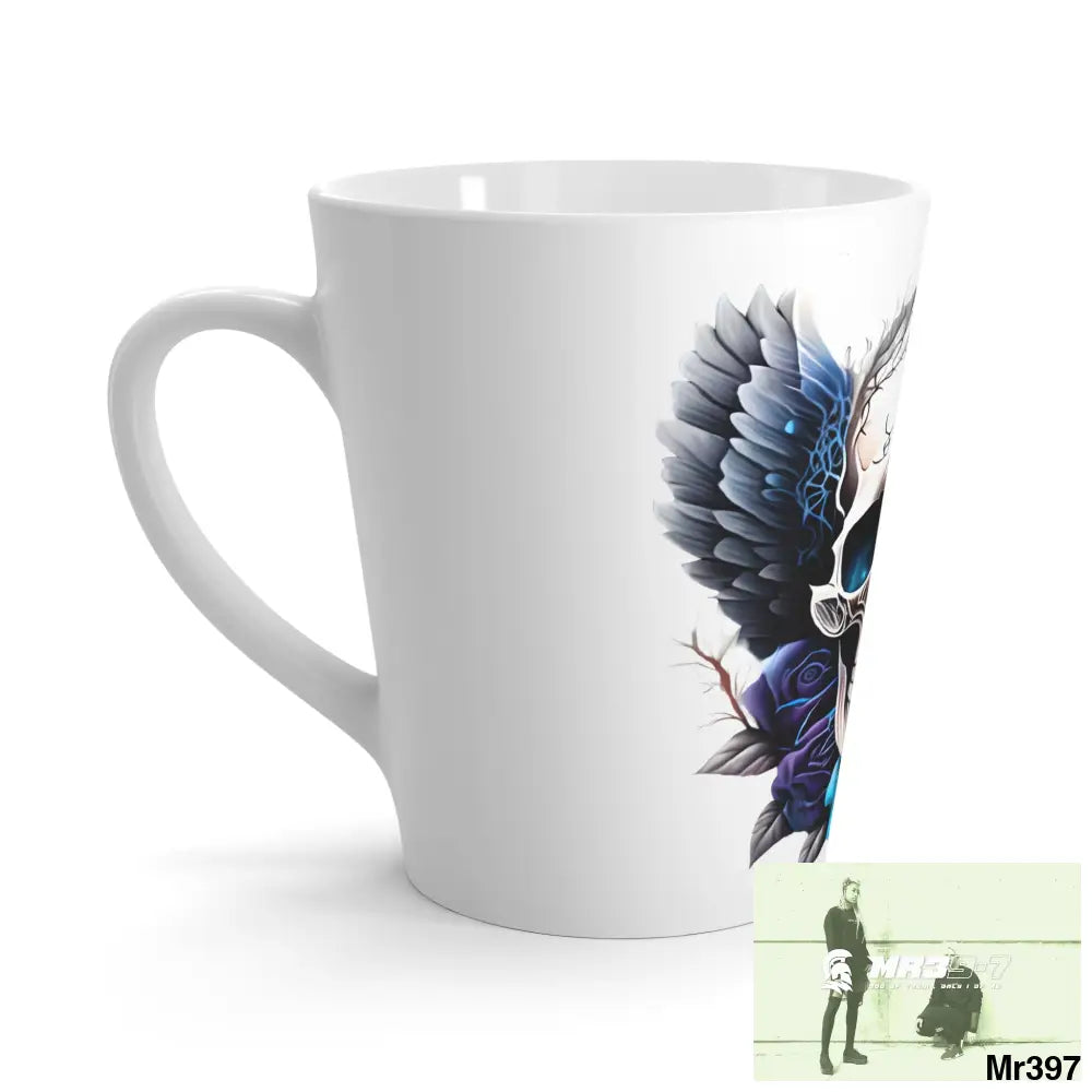 Gothic Skull with Black wings and Blue Roses Latte Mug 12oz Mug