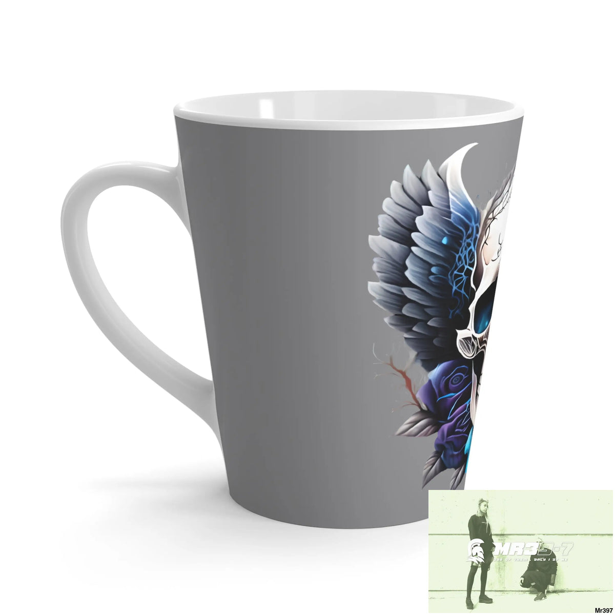 Gothic Skull with Black wings and Blue Roses Latte Mug 12oz Mug