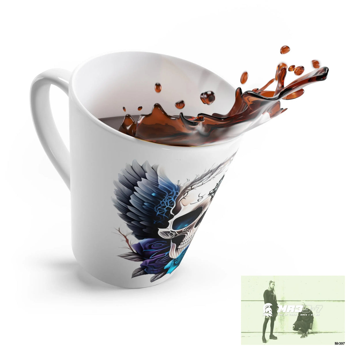 Gothic Skull with Black wings and Blue Roses Latte Mug 12oz Mug