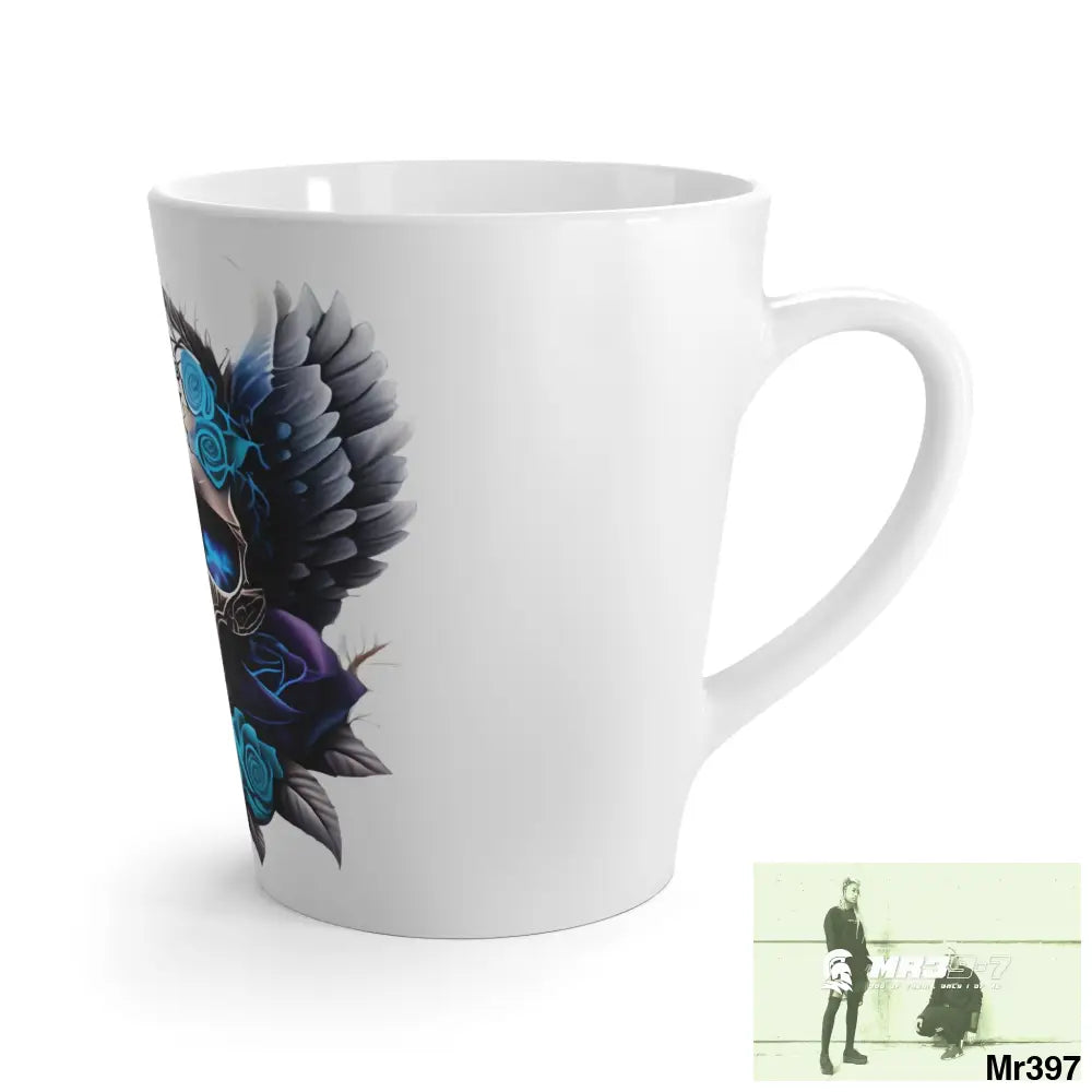 Gothic Skull with Black wings and Blue Roses Latte Mug 12oz Mug