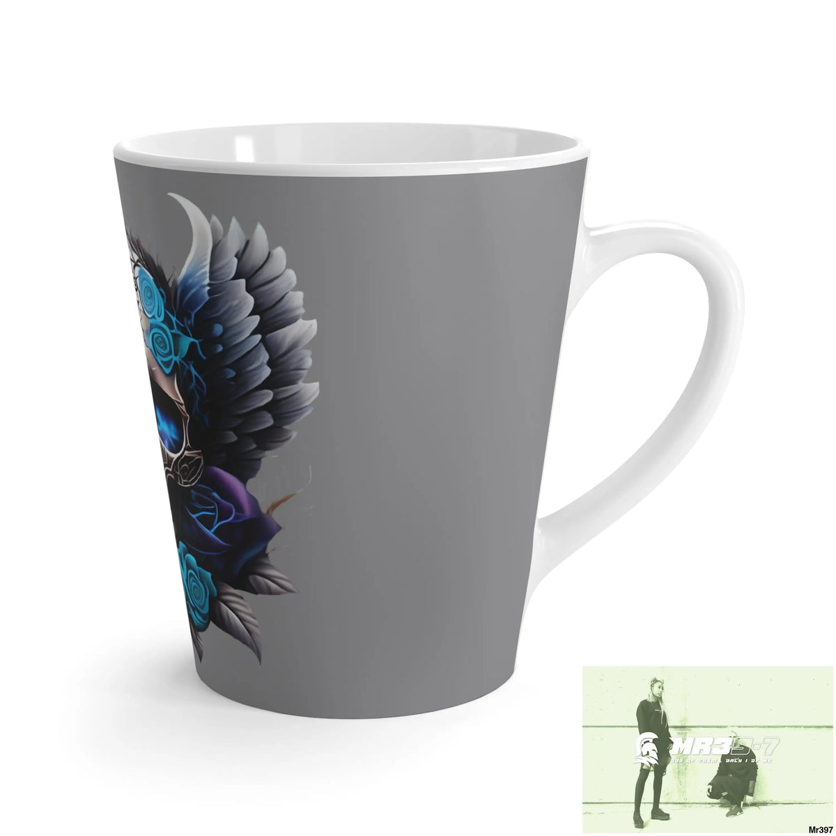 Gothic Skull with Black wings and Blue Roses Latte Mug 12oz Mug