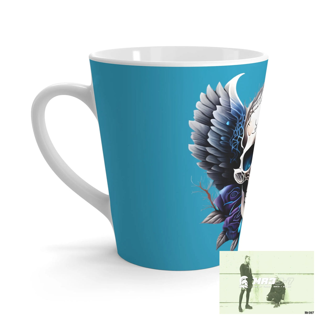 Gothic Skull with Black wings and Blue Roses Latte Mug 12oz Mug