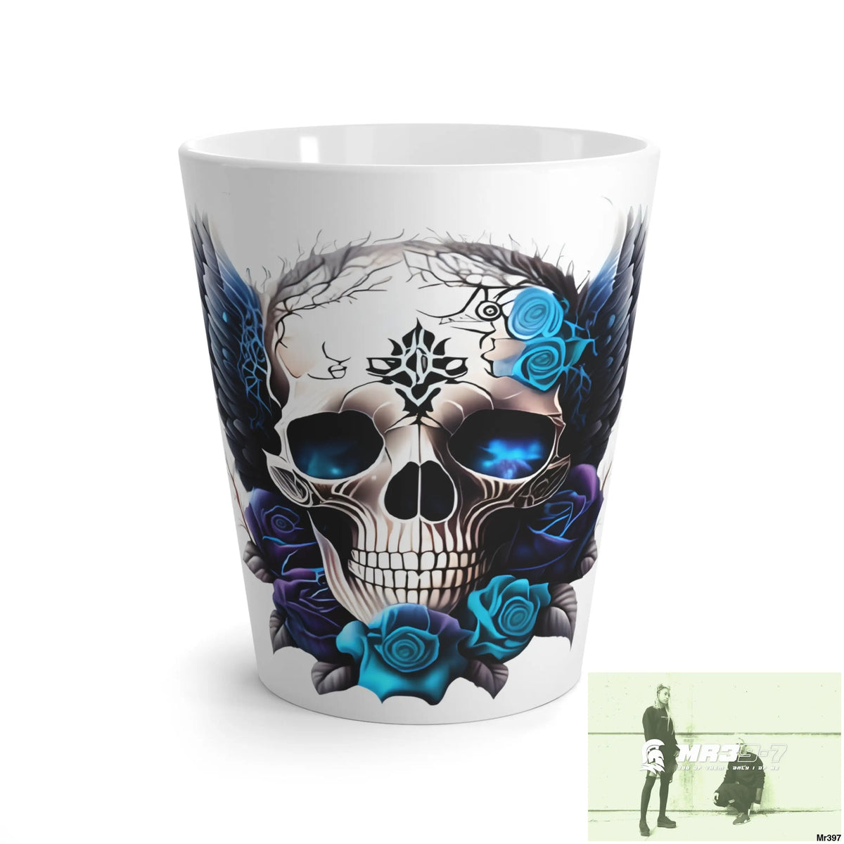 Gothic Skull with Black wings and Blue Roses Latte Mug 12oz Mug