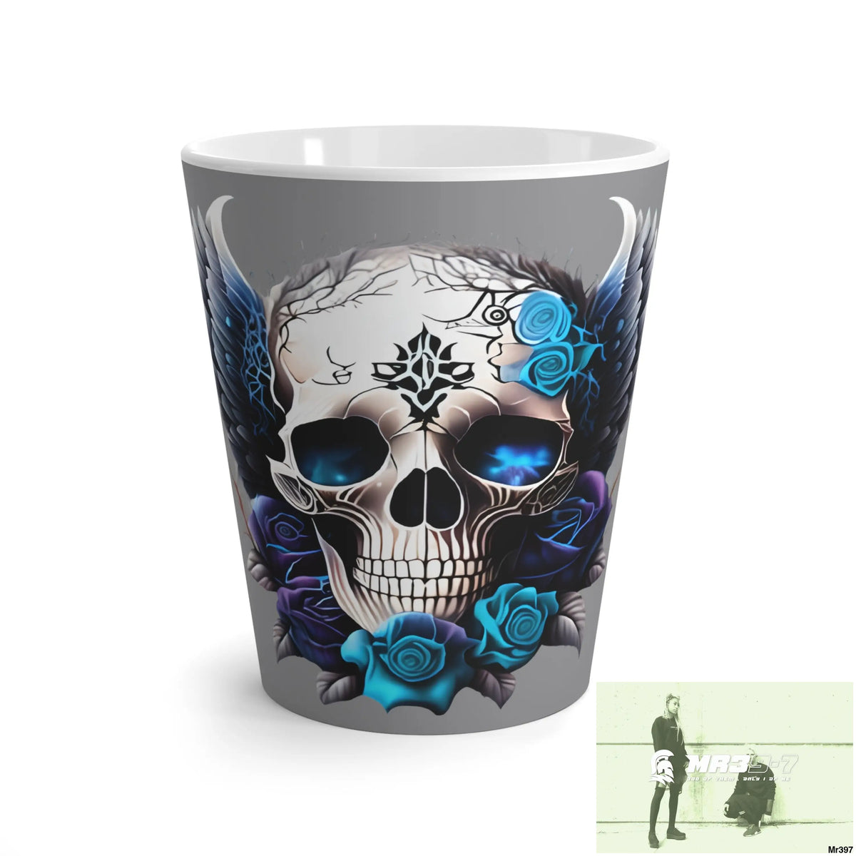 Gothic Skull with Black wings and Blue Roses Latte Mug 12oz Mug