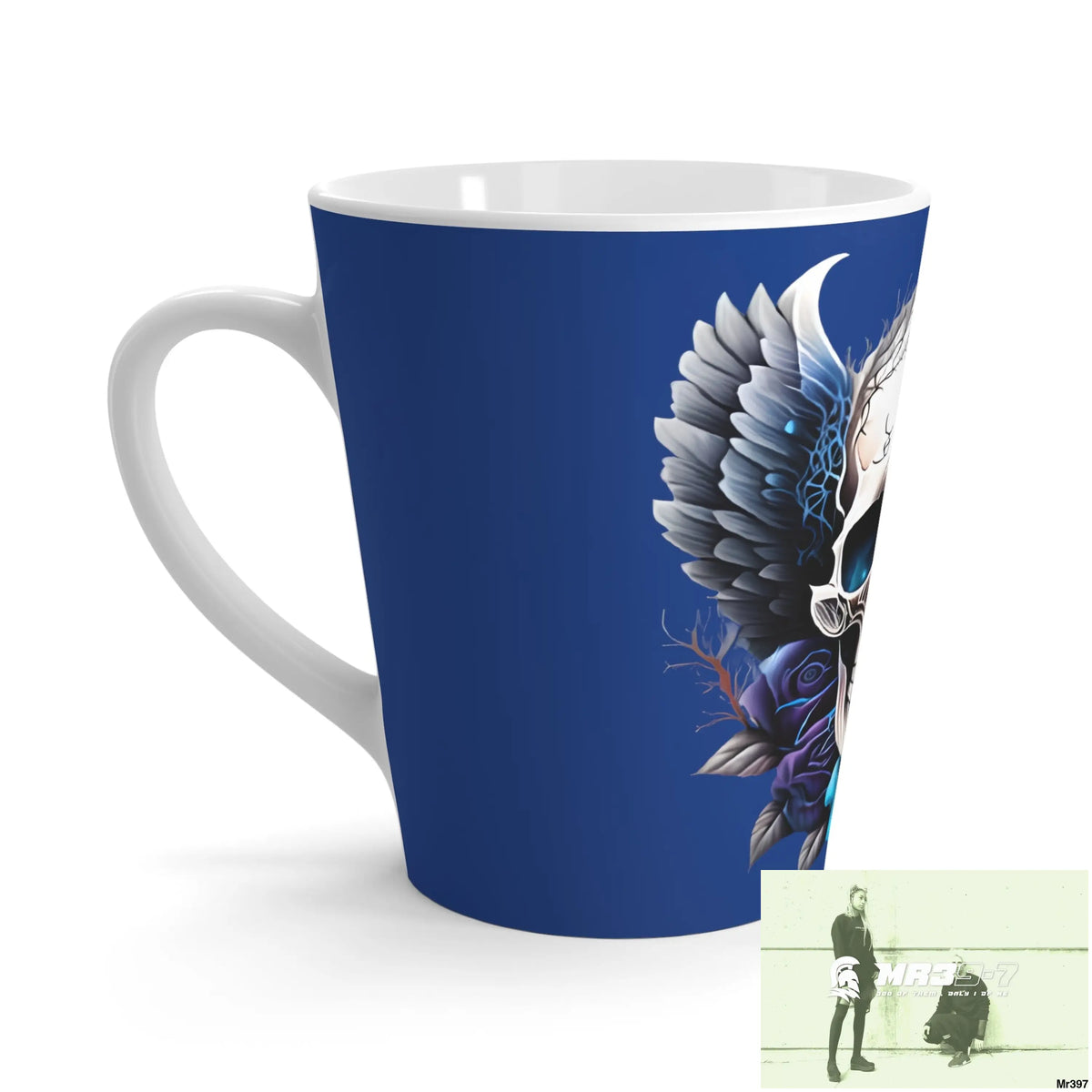 Gothic Skull with Black wings and Blue Roses Latte Mug 12oz Mug