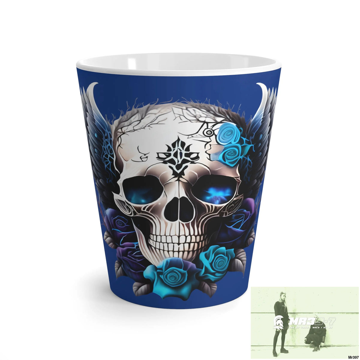 Gothic Skull with Black wings and Blue Roses Latte Mug 12oz Mug