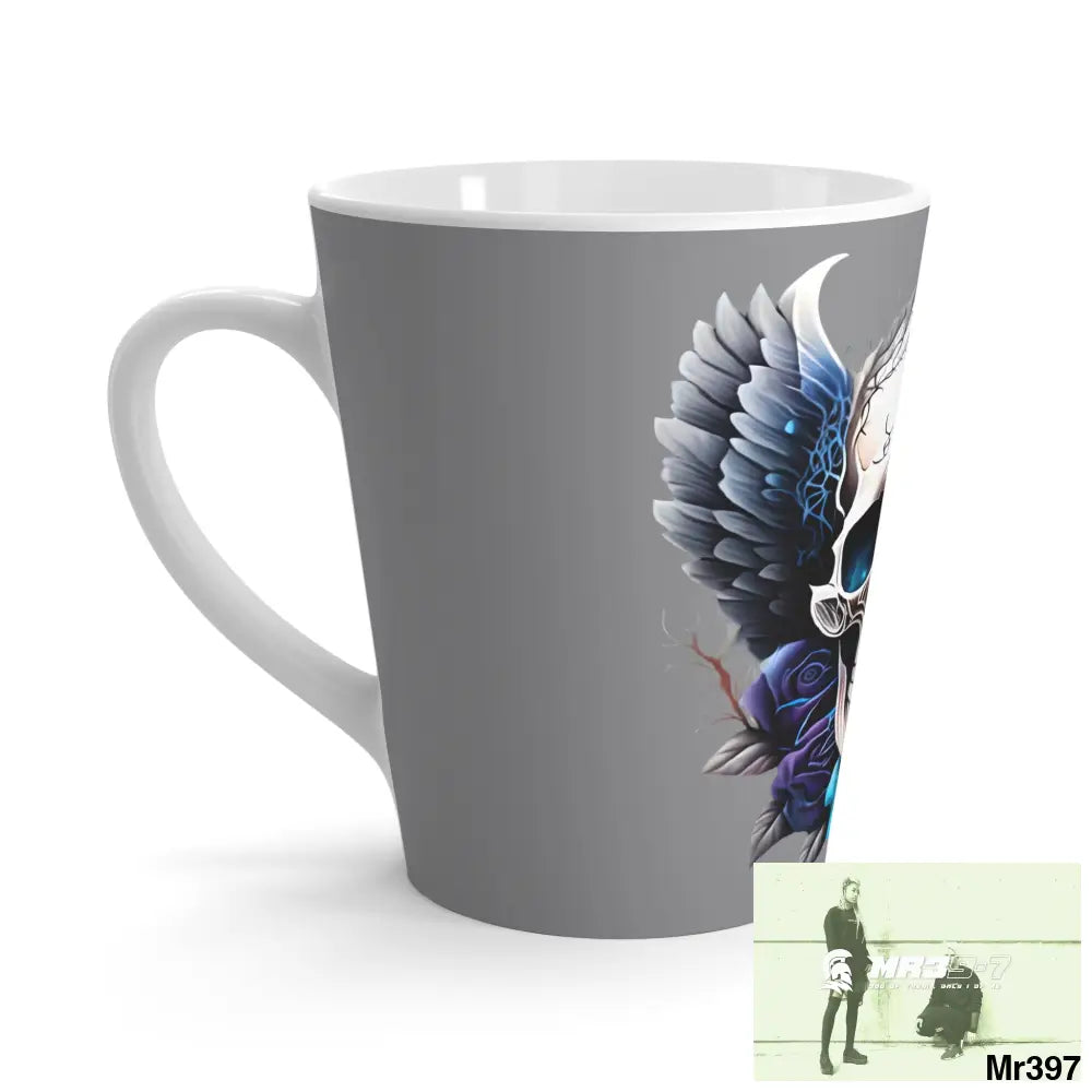 Gothic Skull with Black wings and Blue Roses Latte Mug 12oz Mug