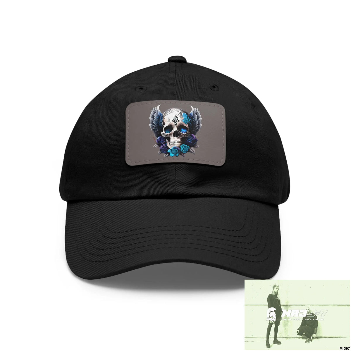 Gothic Skull with wings and Blue Roses Dad Hat with Leather Patch (Rectangle) Black / Grey patch / Rectangle / One size