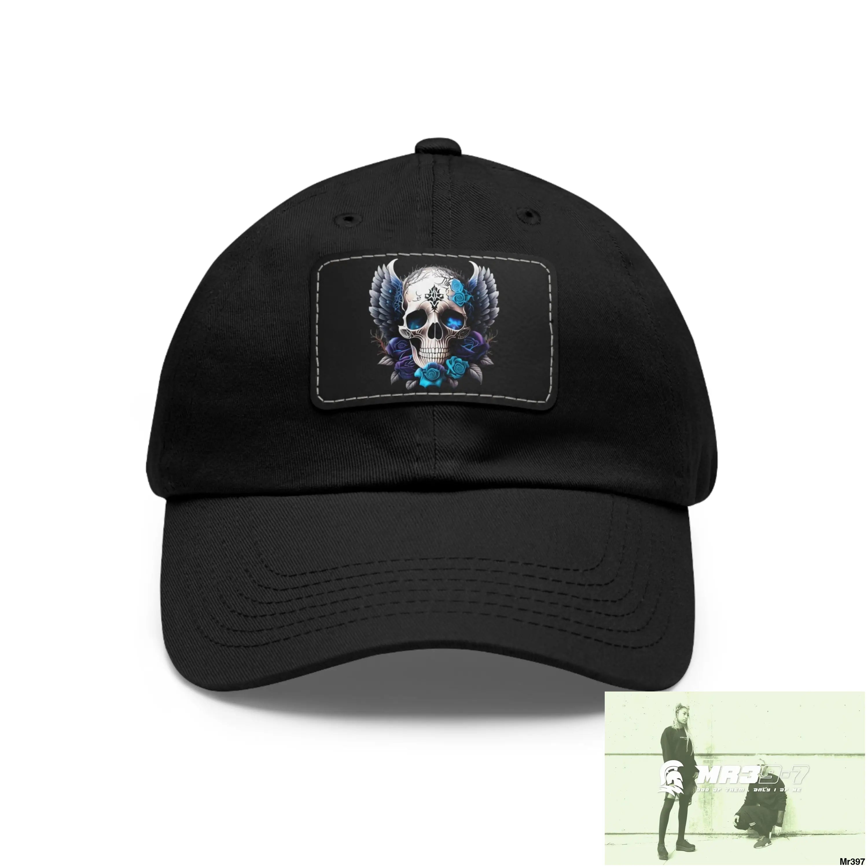 Gothic Skull with wings and Blue Roses Dad Hat with Leather Patch (Rectangle) Black / Black patch / Rectangle / One