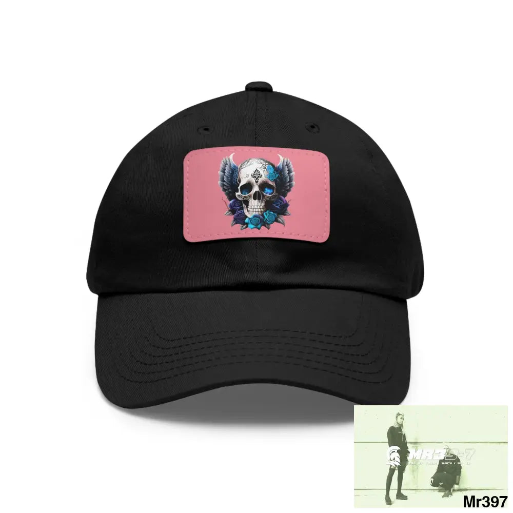 Gothic Skull with wings and Blue Roses Dad Hat with Leather Patch (Rectangle) Black / Pink patch / Rectangle / One size