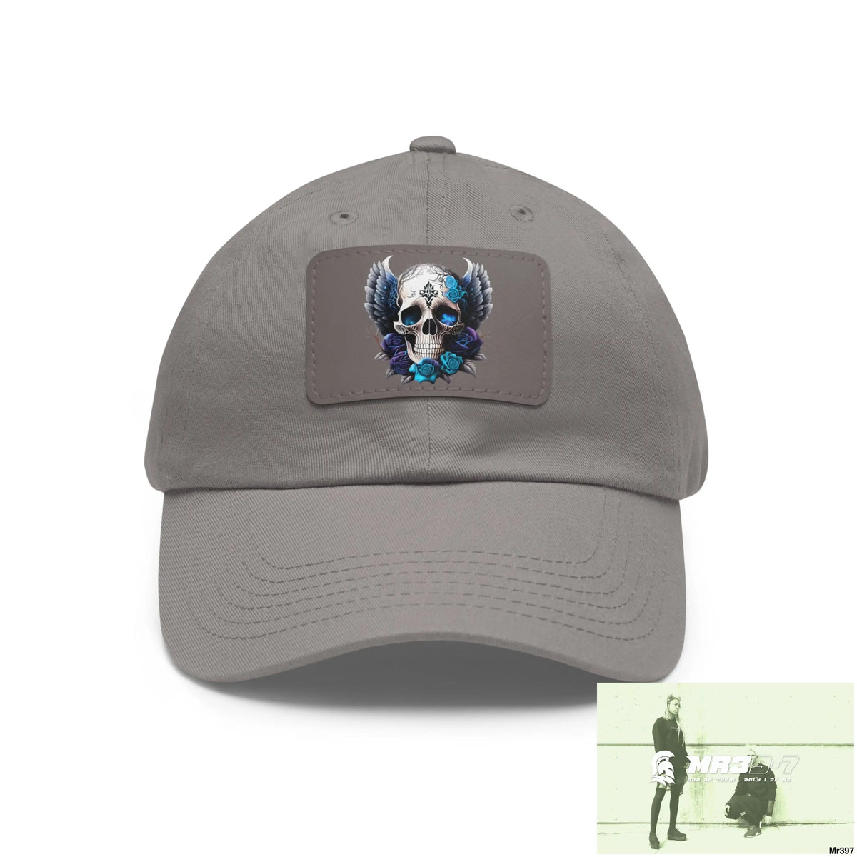 Gothic Skull with wings and Blue Roses Dad Hat with Leather Patch (Rectangle) Grey / Grey patch / Rectangle / One size