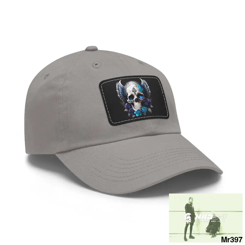 Gothic Skull with wings and Blue Roses Dad Hat with Leather Patch (Rectangle) Hats