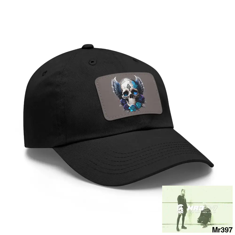 Gothic Skull with wings and Blue Roses Dad Hat with Leather Patch (Rectangle) Hats