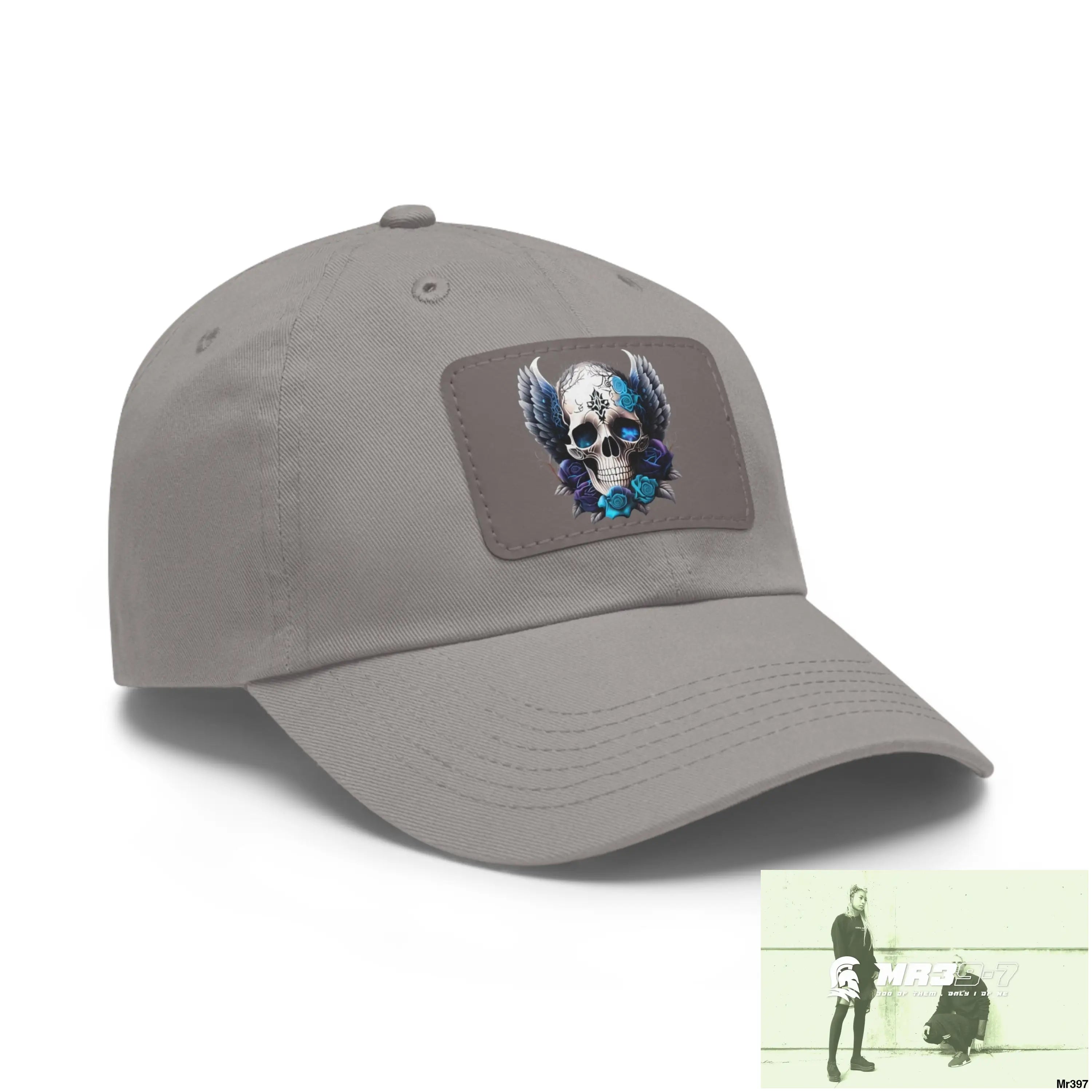 Gothic Skull with wings and Blue Roses Dad Hat with Leather Patch (Rectangle) Hats