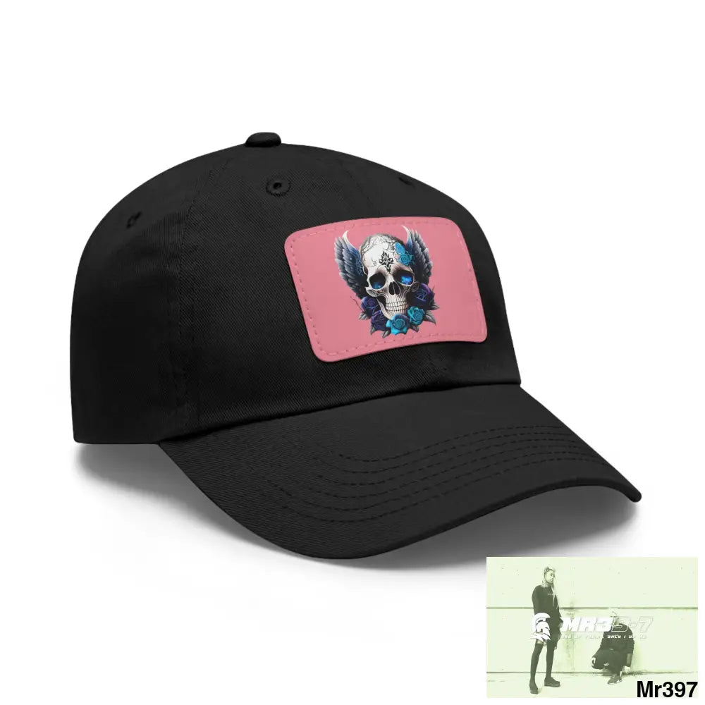 Gothic Skull with wings and Blue Roses Dad Hat with Leather Patch (Rectangle) Hats