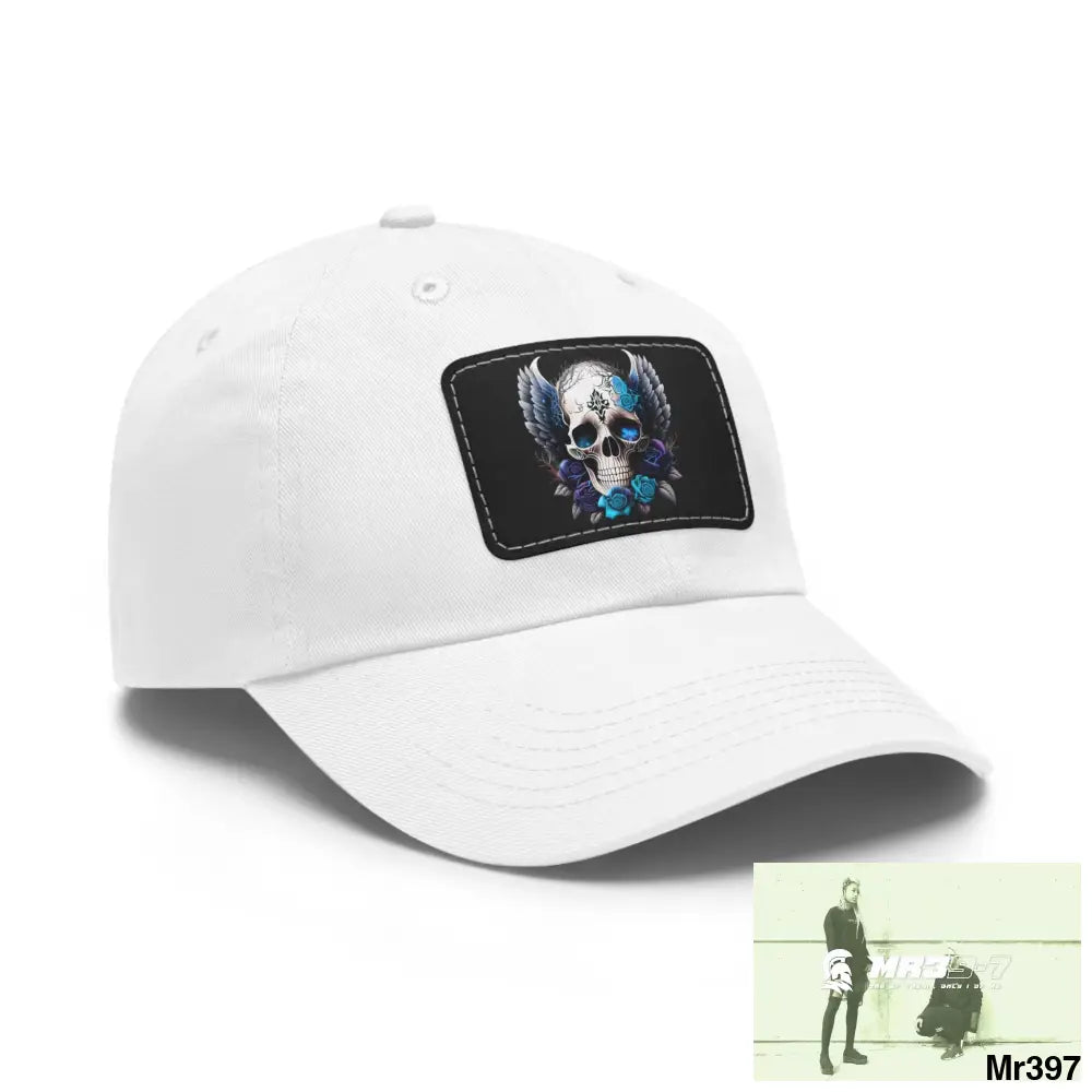 Gothic Skull with wings and Blue Roses Dad Hat with Leather Patch (Rectangle) Hats