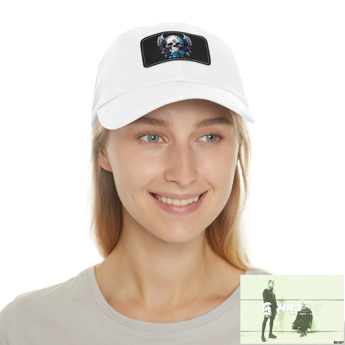 Gothic Skull with wings and Blue Roses Dad Hat with Leather Patch (Rectangle) Hats